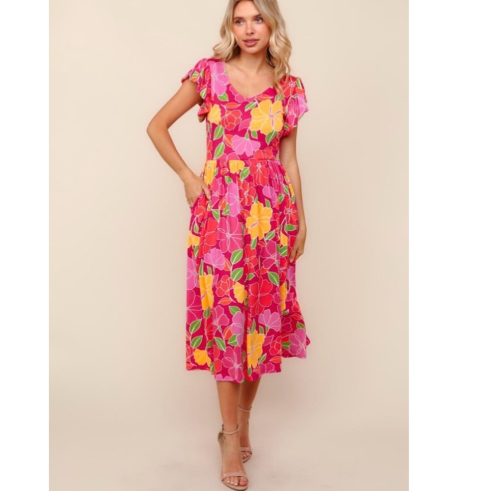 Fuchsia/Yellow Floral Midi Dress with Folded Ruffle & Pockets - Picture 4 of 10